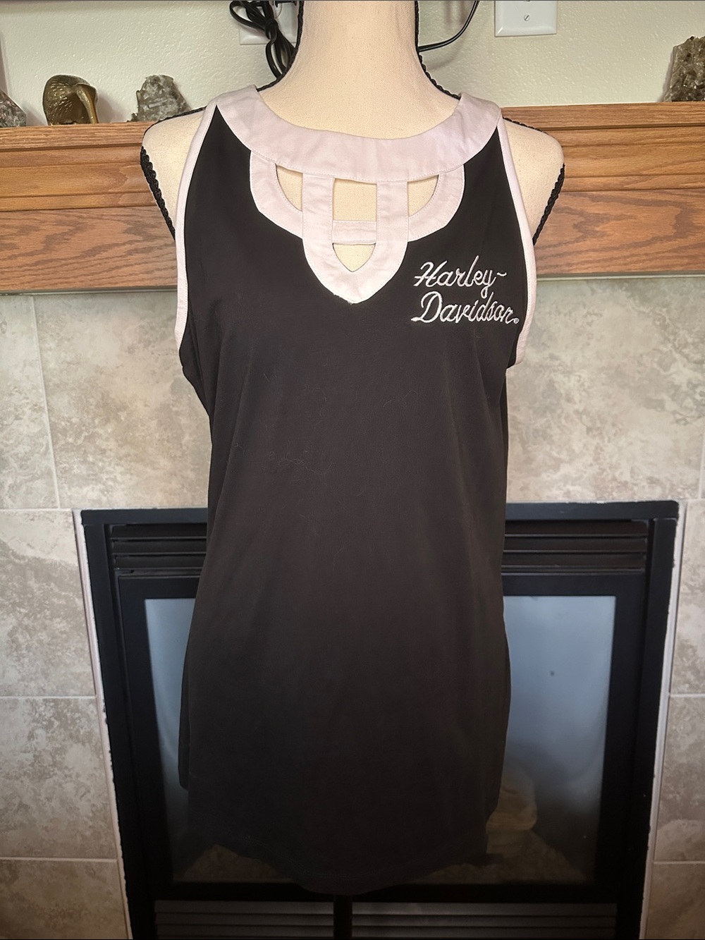 Harley Davidson Cotton Cut Out Tank Top Black & White Sleeveless Top Size L